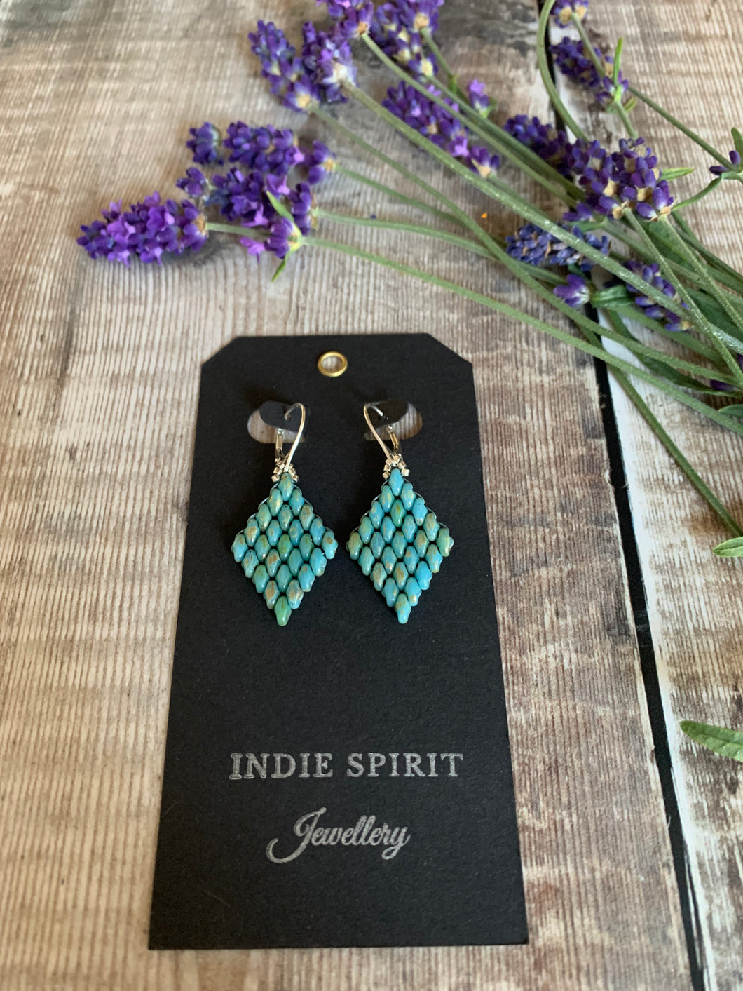 Turquoise Glass Diamond Shaped Earrings